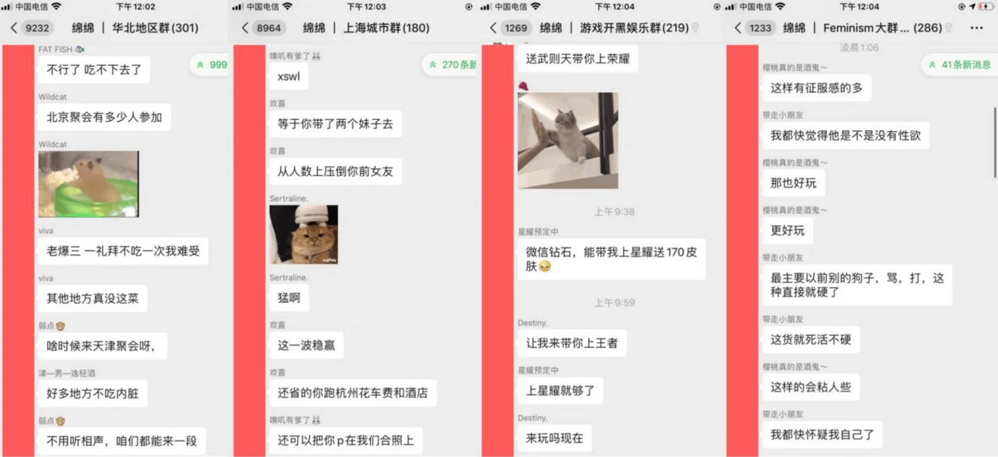 绵花舍不同城市与兴趣微信群的日常聊天截图